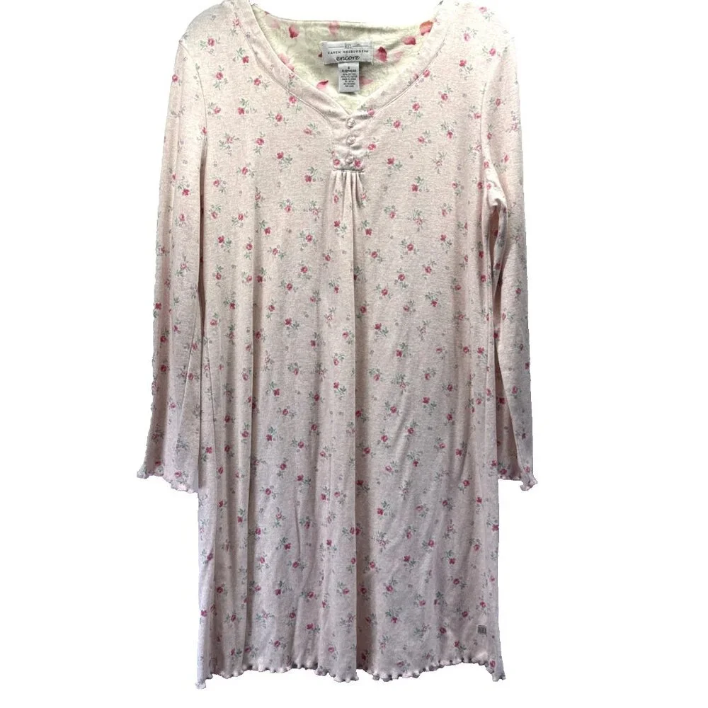 Karen Neuburger Encore Nightgown S Pink‎ Green Soft Cotton Blend Long Sleeve